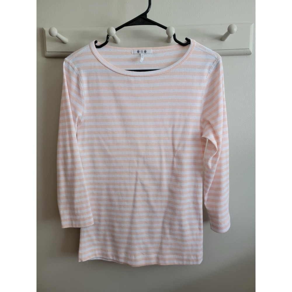 Three Dots Women's Large Peach Striped 3/4 Sleeve Top Bretton Basic Round Neck